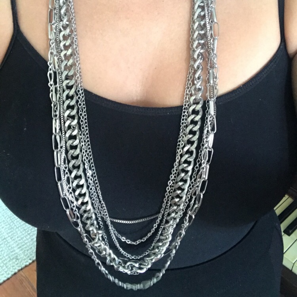 Multi layered silver chain long necklace